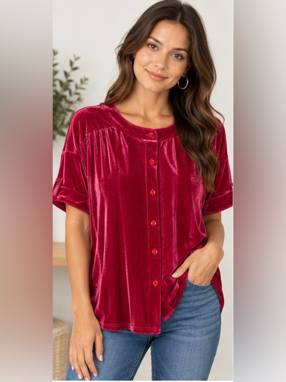 Miss Sparkling Stretch Velvet Short Sleeve Button-Down Top